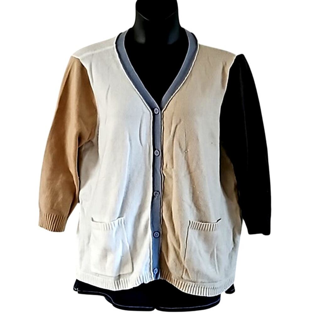 LOGO Lori Goldstein Colorblock Button Front Cardigan Women's XL Pockets